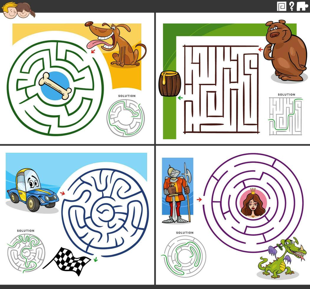 maze games set with funny cartoon characters vector