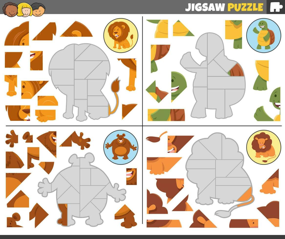 jigsaw puzzle games set with cartoon animal characters vector