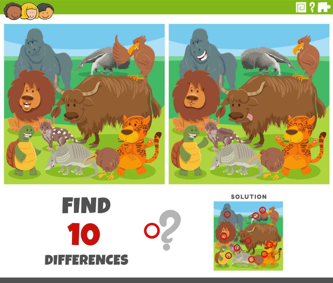 differences game with cartoon animal characters group vector