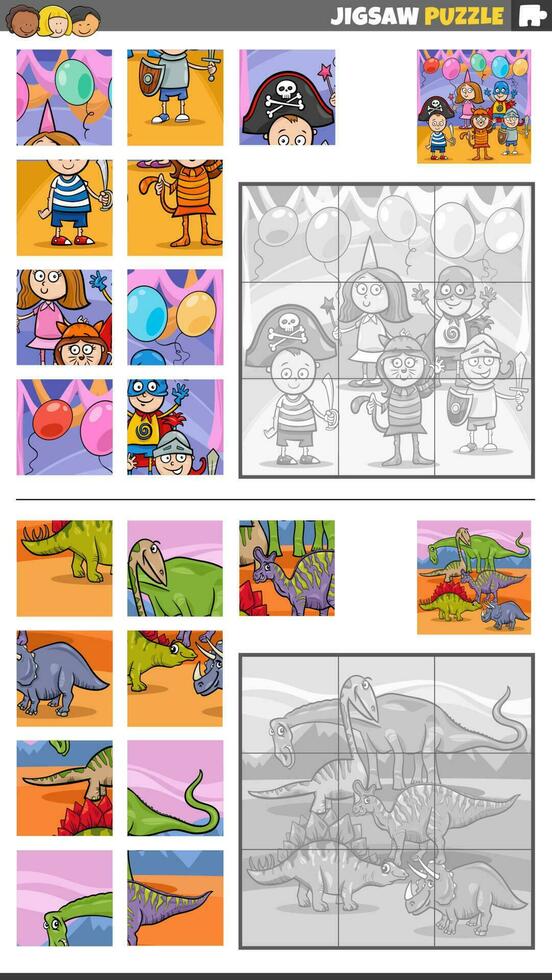 jigsaw puzzle game set with cartoon children and dinosaurs vector