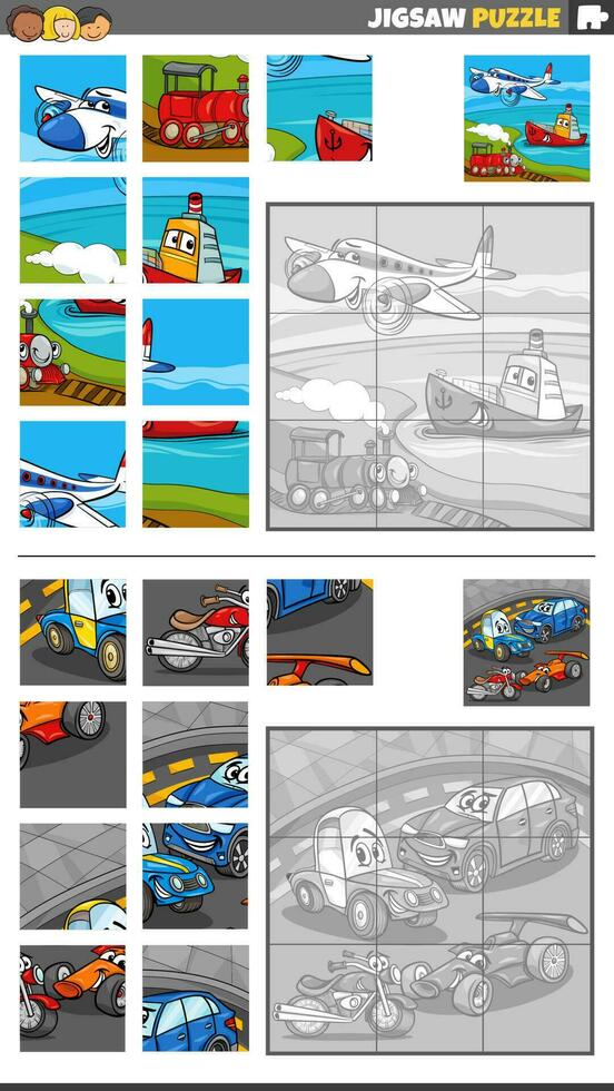 jigsaw puzzle game set with cartoon vehicle characters vector