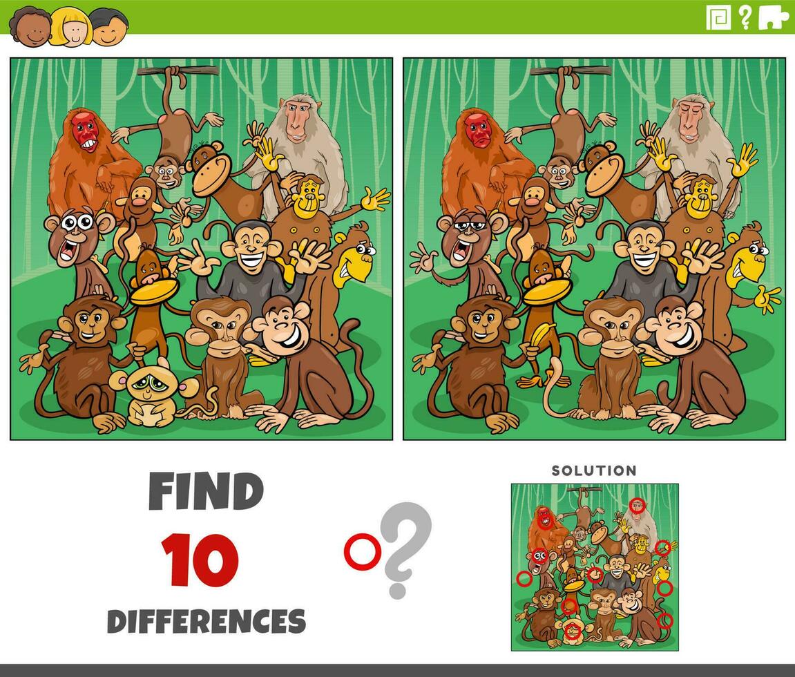 differences game with cartoon monkeys characters group vector