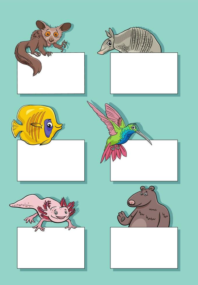 dibujos animados animales con tarjetas o pancartas diseño conjunto vector