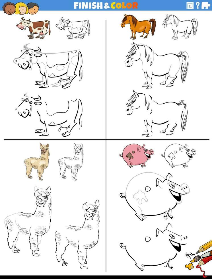 drawing and coloring worksheets set with farm animals vector