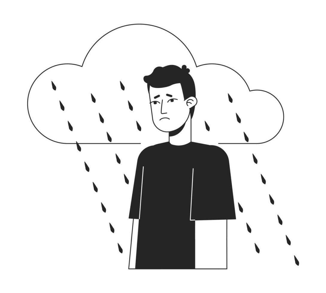 Major depressive disorder bw concept vector spot illustration. Man struggles with mental disease 2D cartoon flat line monochromatic character for web app UI design. Sorrow editable outline hero image