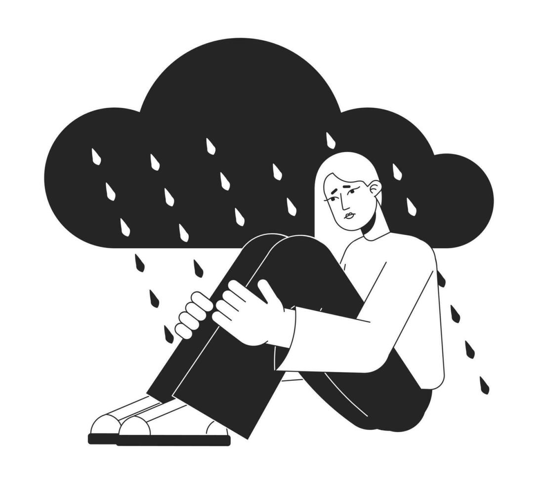 Bi polar disorder bw concept vector spot illustration. Sad girl in rainy days 2D cartoon flat line monochromatic character for web app UI design. Fatigue syndrome editable outline hero image