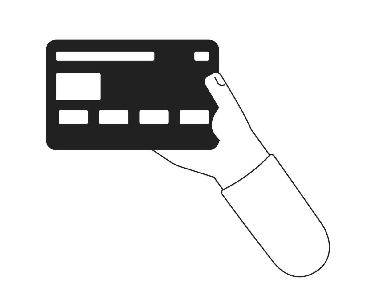 Holding credit card monochromatic flat vector first view hand. Payment for shopping. Customer money. Editable thin line icon on white. Simple bw cartoon spot image for web graphic design, animation