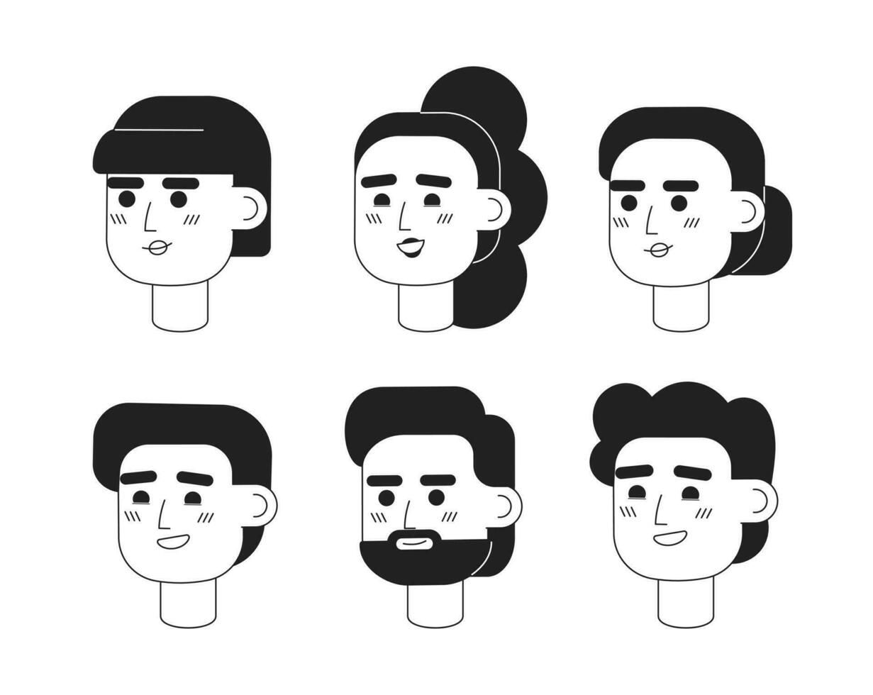Pleasant satisfied men, women monochromatic flat vector character heads set. Editable black white cartoon face emotions. Hand drawn lineart ink spot illustration pack for web graphic design, animation