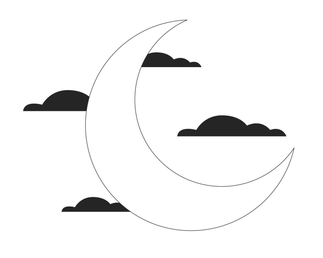 Crescent moon between black clouds flat line black white vector object. Night sky. Editable cartoon style icon. Simple isolated outline spot illustration for web graphic design and animation