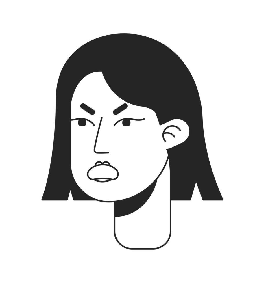 Angry short haired woman frowning eyebrows, screaming flat line monochromatic vector character head. Editable outline avatar icon. 2D cartoon line spot illustration for web graphic design, animation