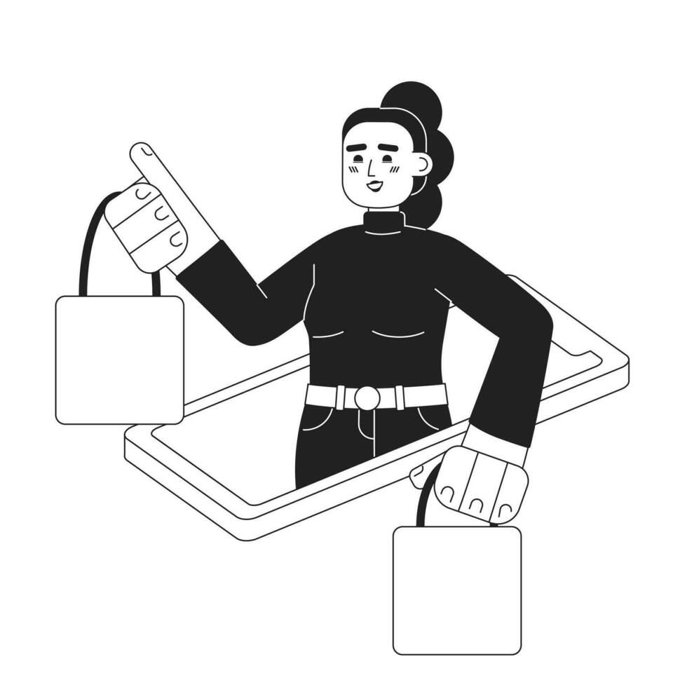 Happy lady with shopping bags out mobile phone monochrome concept vector spot illustration. Editable 2D flat bw cartoon character for web UI design. Women clothing purchasing hand drawn hero image