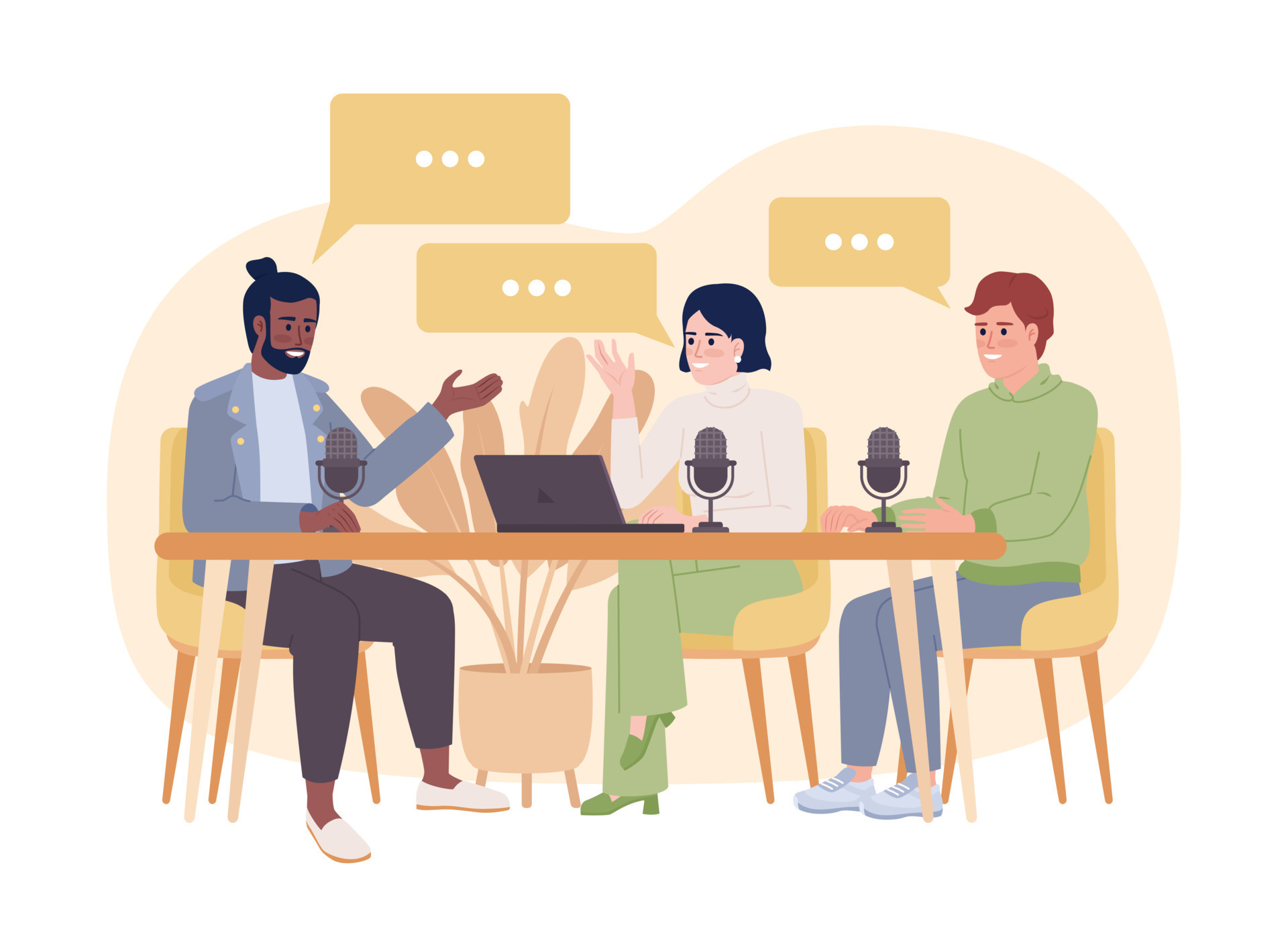 Team podcast 2D vector isolated spot illustration. Show hosts