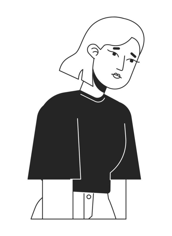 Demotivated depressed young woman flat line black white vector