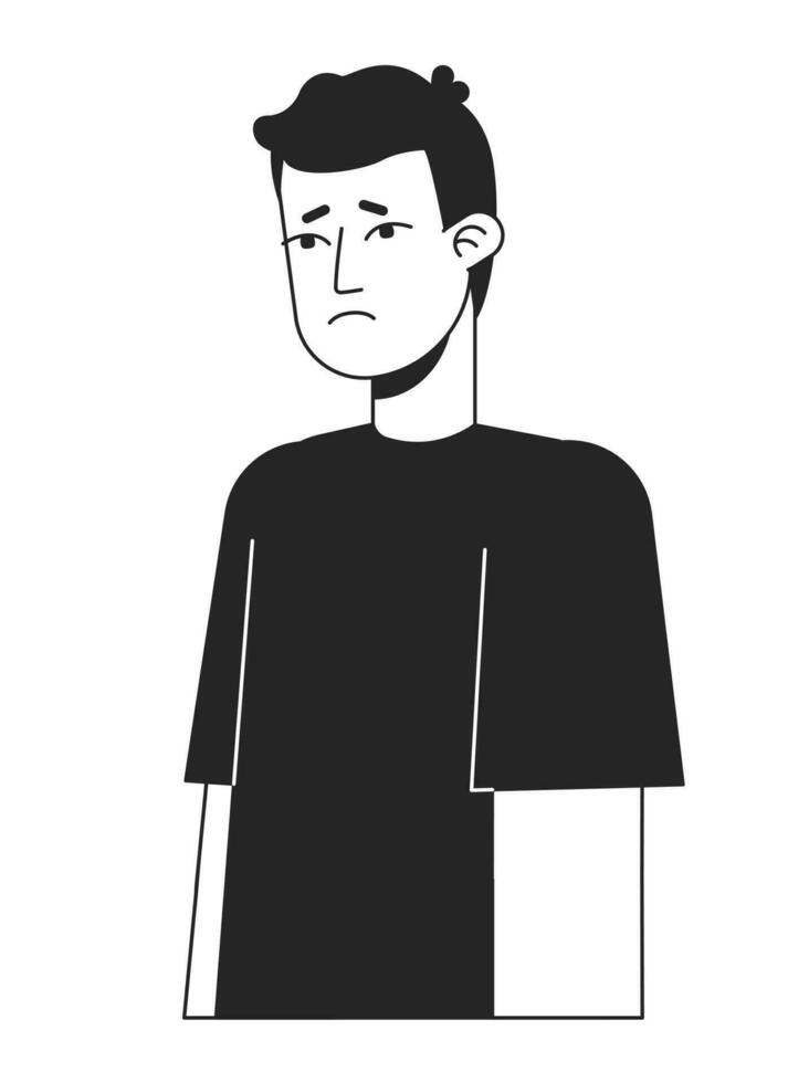 Unhappy man feeling loneliness flat line black white vector character. Editable isolated outline half body person. Mood simple cartoon style spot illustration for web graphic design, animation