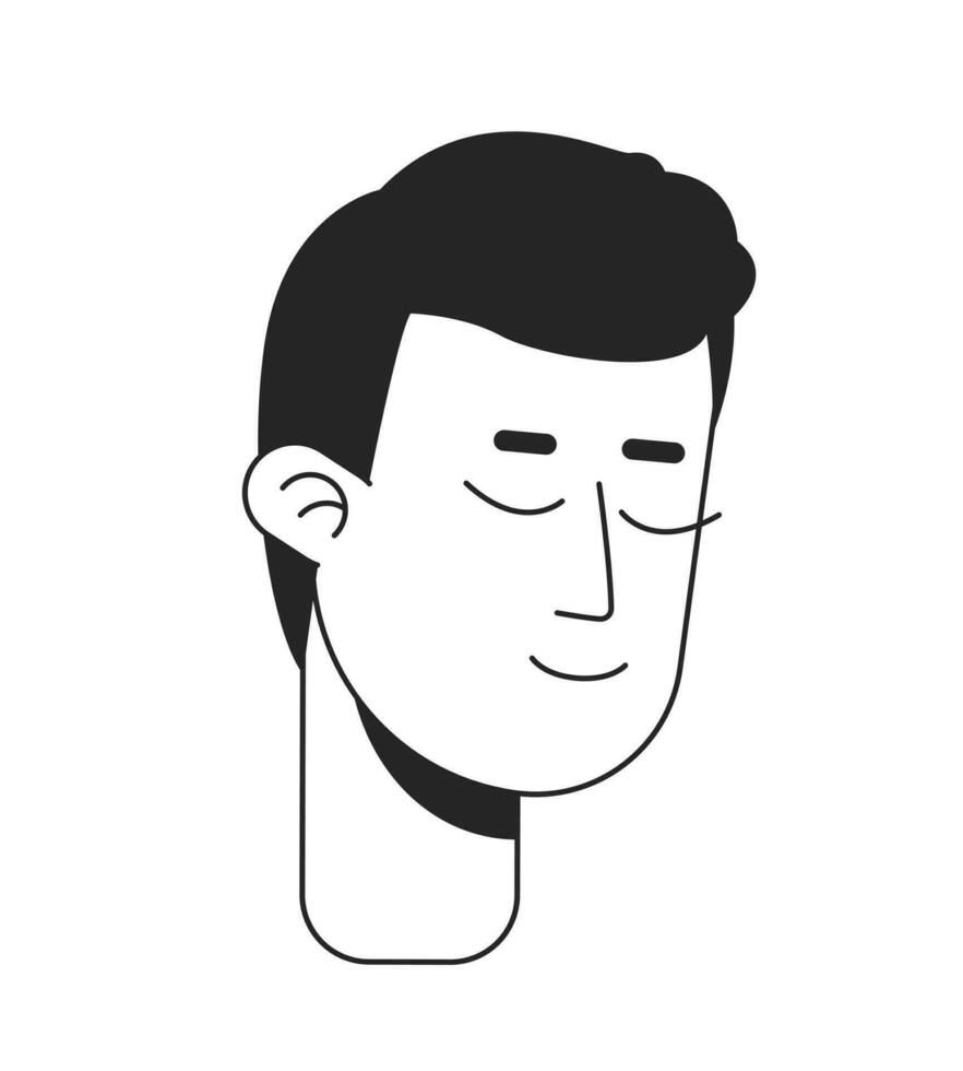 Smiling young man praying flat line monochromatic vector character head. Guy meditating in peace. Editable outline avatar icon. 2D cartoon line spot illustration for web graphic design, animation