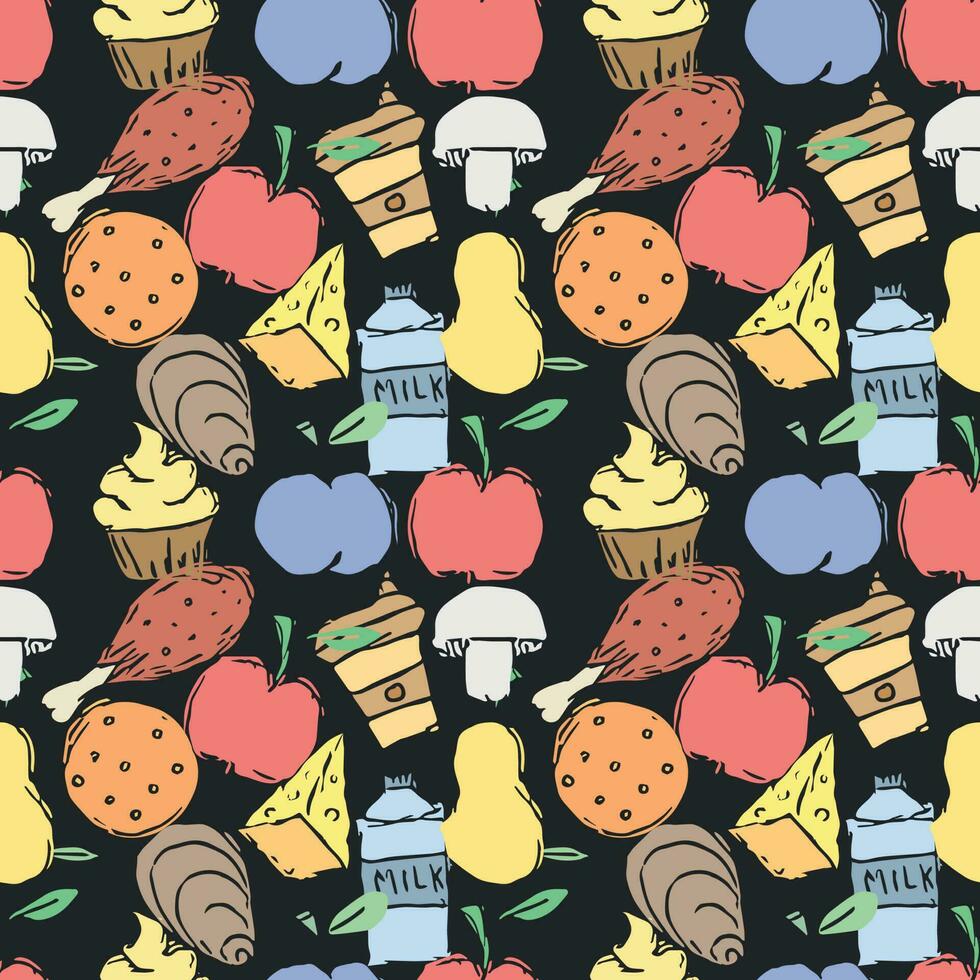 Seamless food background. Drawing food pattern vector