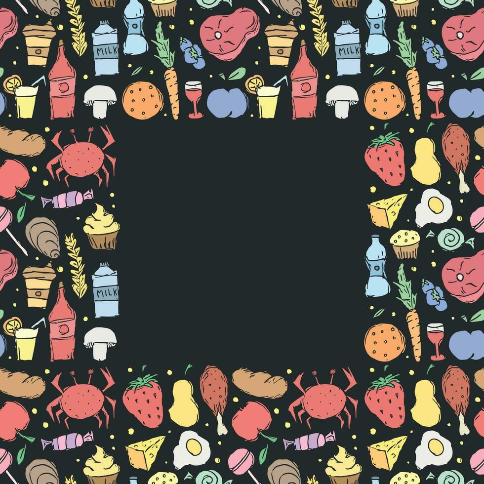 Doodle food frame. Background with drawing food with place for text vector