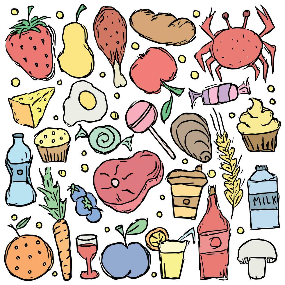 Doodle food icons. Background with drawing food vector