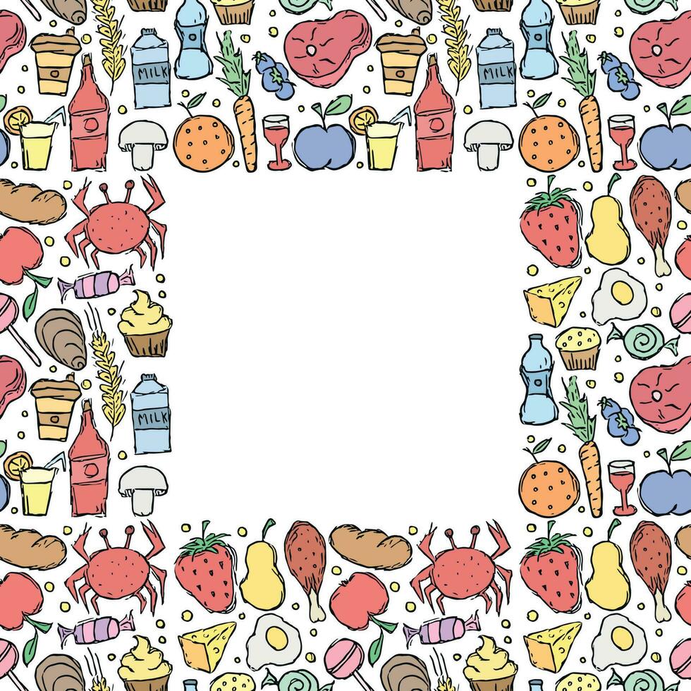 Doodle food frame. Background with drawing food with place for text vector