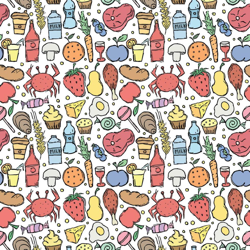 Seamless food background. Drawing food pattern vector