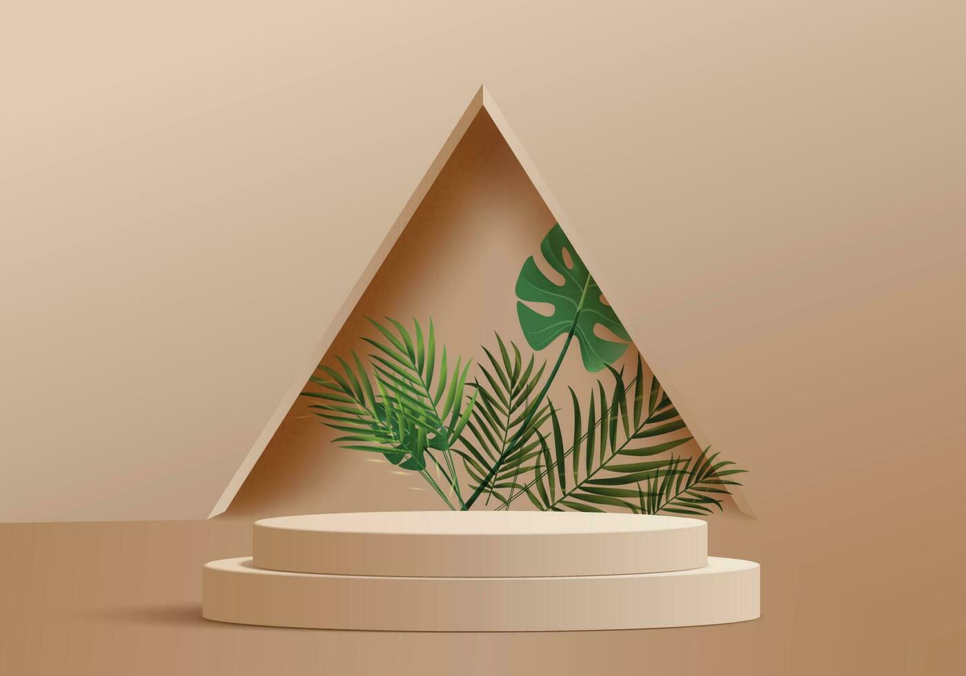 Geometric 3D Podiums with Abstract Brown Cream and Green Leaf Background vector