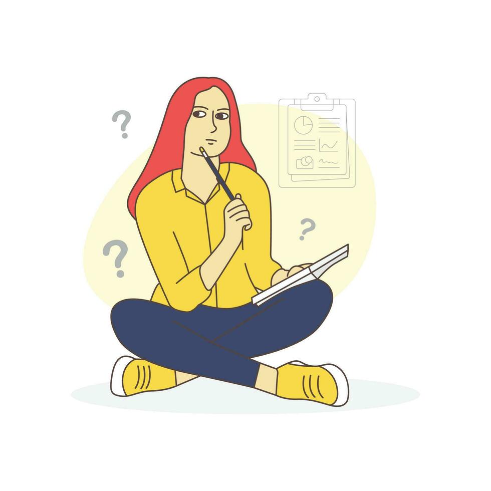 Pensive Female Student. A Vector Illustration of a Beautiful Businesswoman Pondering in a Casual College Setting