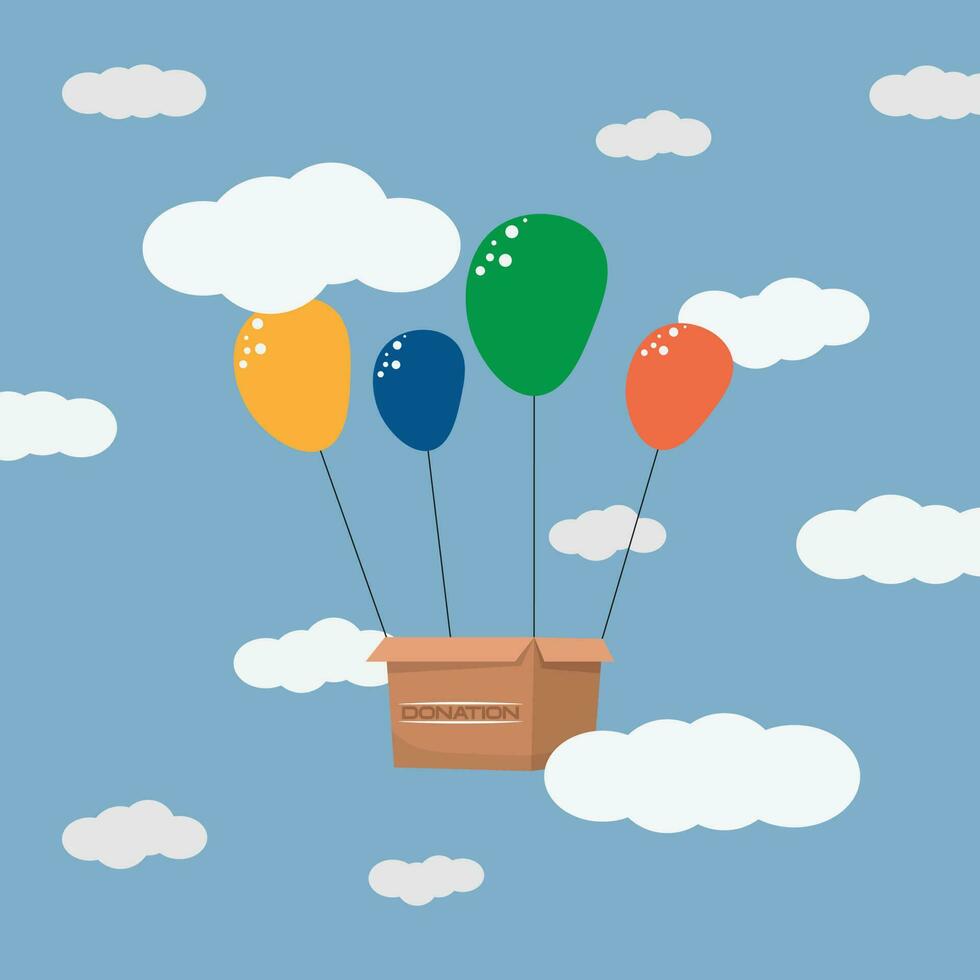 Donate cardboard box with sign donation fly with coloured balloons in the sky. Falt illustration vector