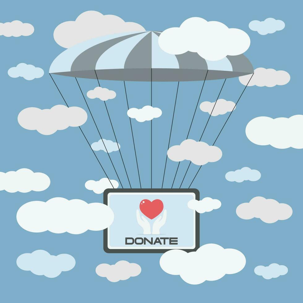 Sign with heart and title donate fly with parachute in the sky. Falt illustration vector