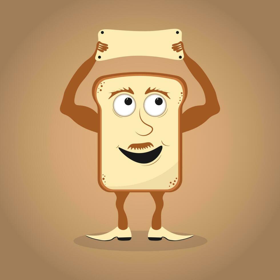 Cute cartoon  bread toast character with blank sign isolated on a color background, logo for kids, store, food with hand drawing style, icon food vector illustration