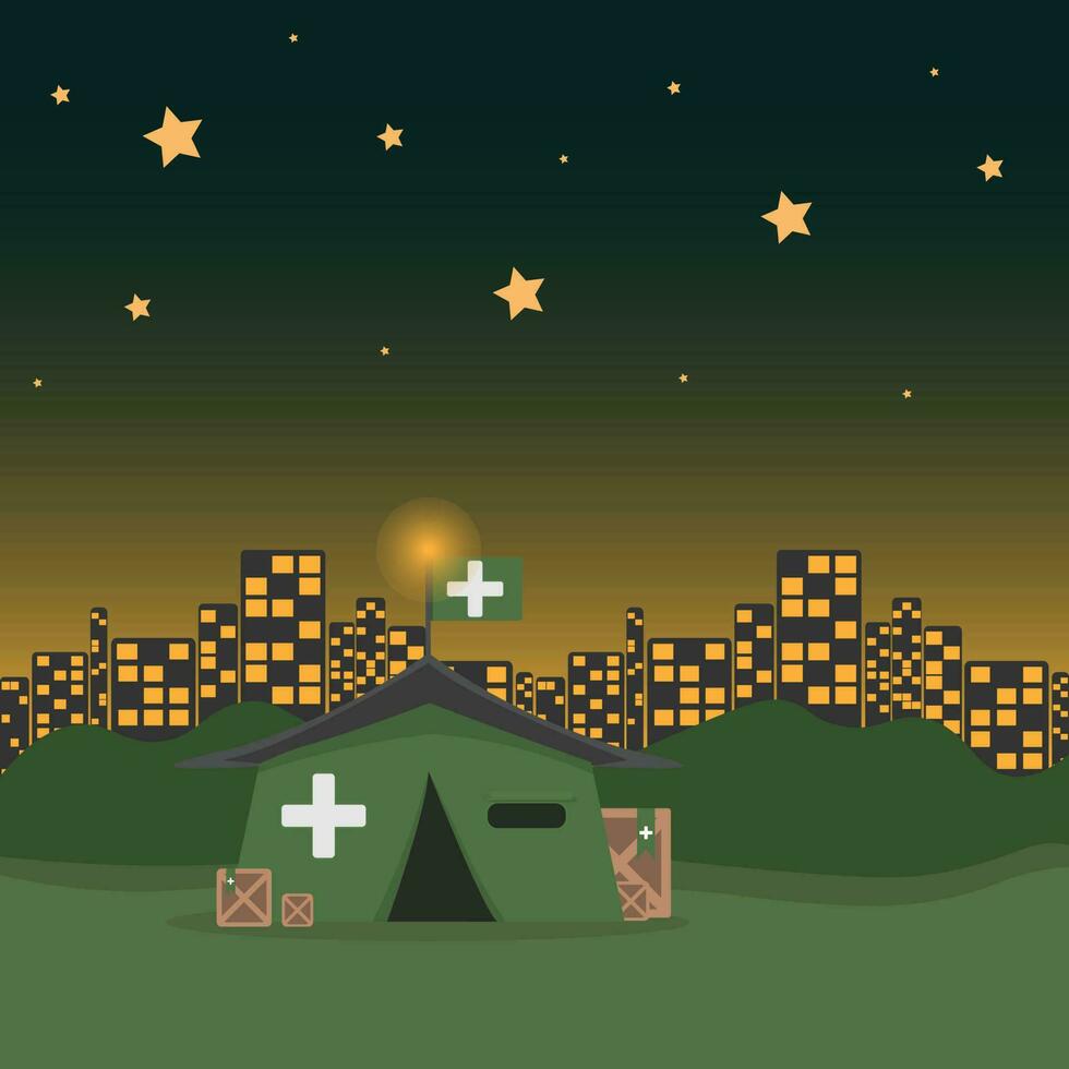 green medical tent free aid to people on night city background flat vector illustration.