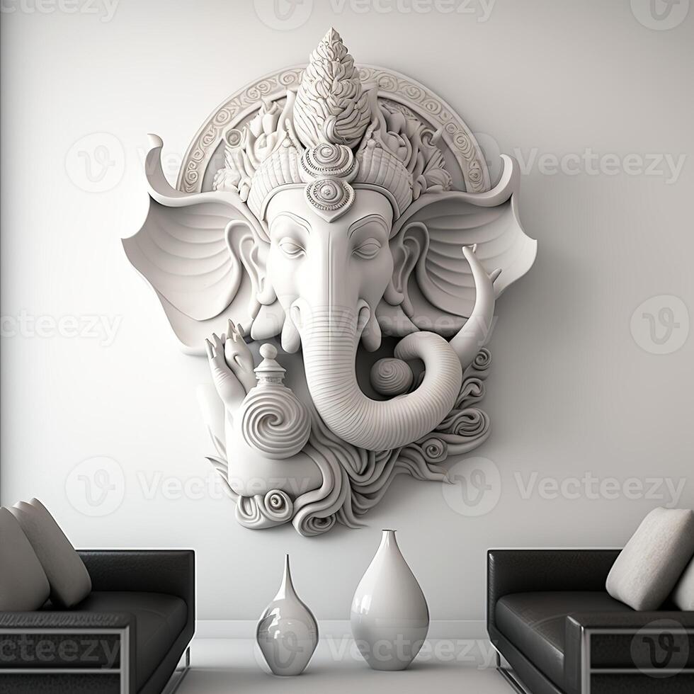 A white walled room with a statue of an Indian mythological God Lord Ganesha as Mural. . photo