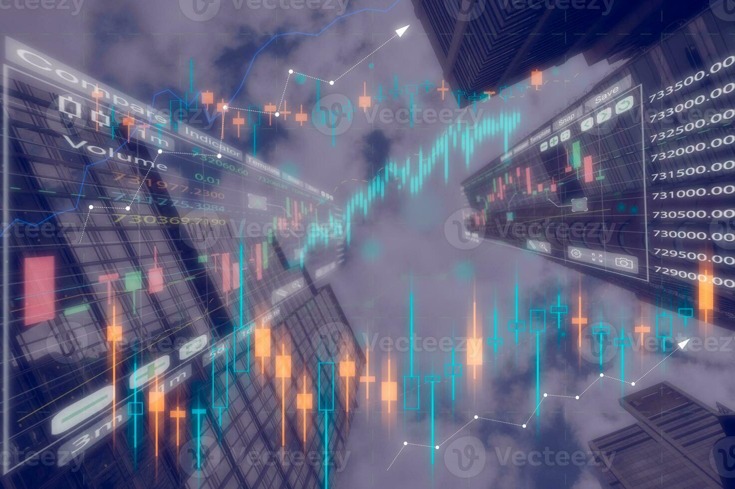 financial investment Real estate, development and investing concept with financial chart indicators and stock market graphs on city skyscrapers tops bottom view photo