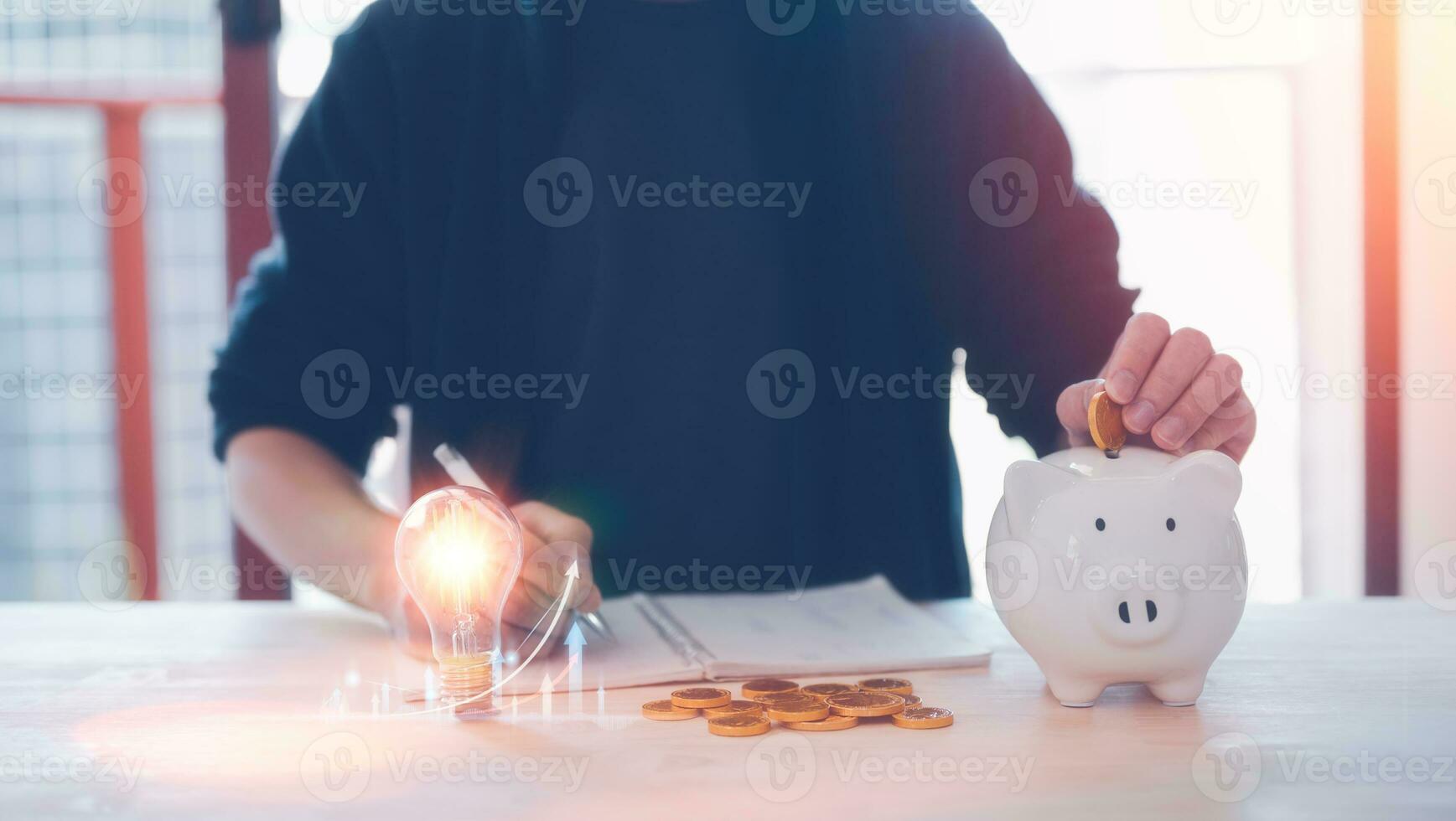 saving investment plan, save for life concept, man putting coin in to piggybank, saving for retirement, education cost plan photo