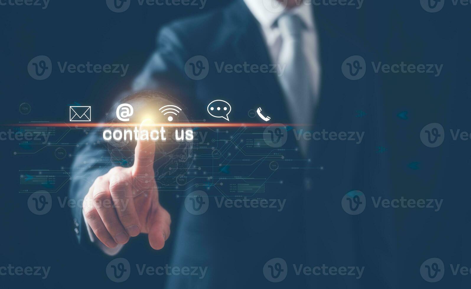 the concept of Contact us or Customer support hotline people connect. Businessman touching on virtual screen contact icons email, address, live chat, internet wifi,  internet network connection photo