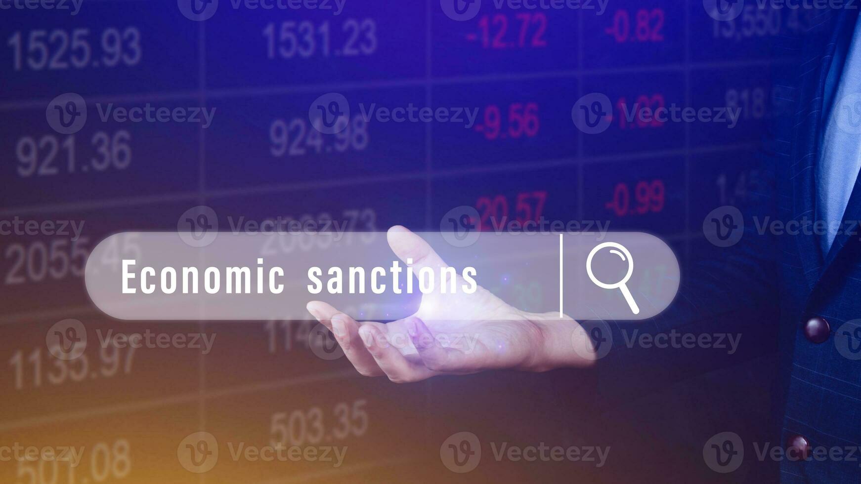 Economic sanctions, written in search bar with the financial data visible in the background. Reports Stock Market Ticker Words photo