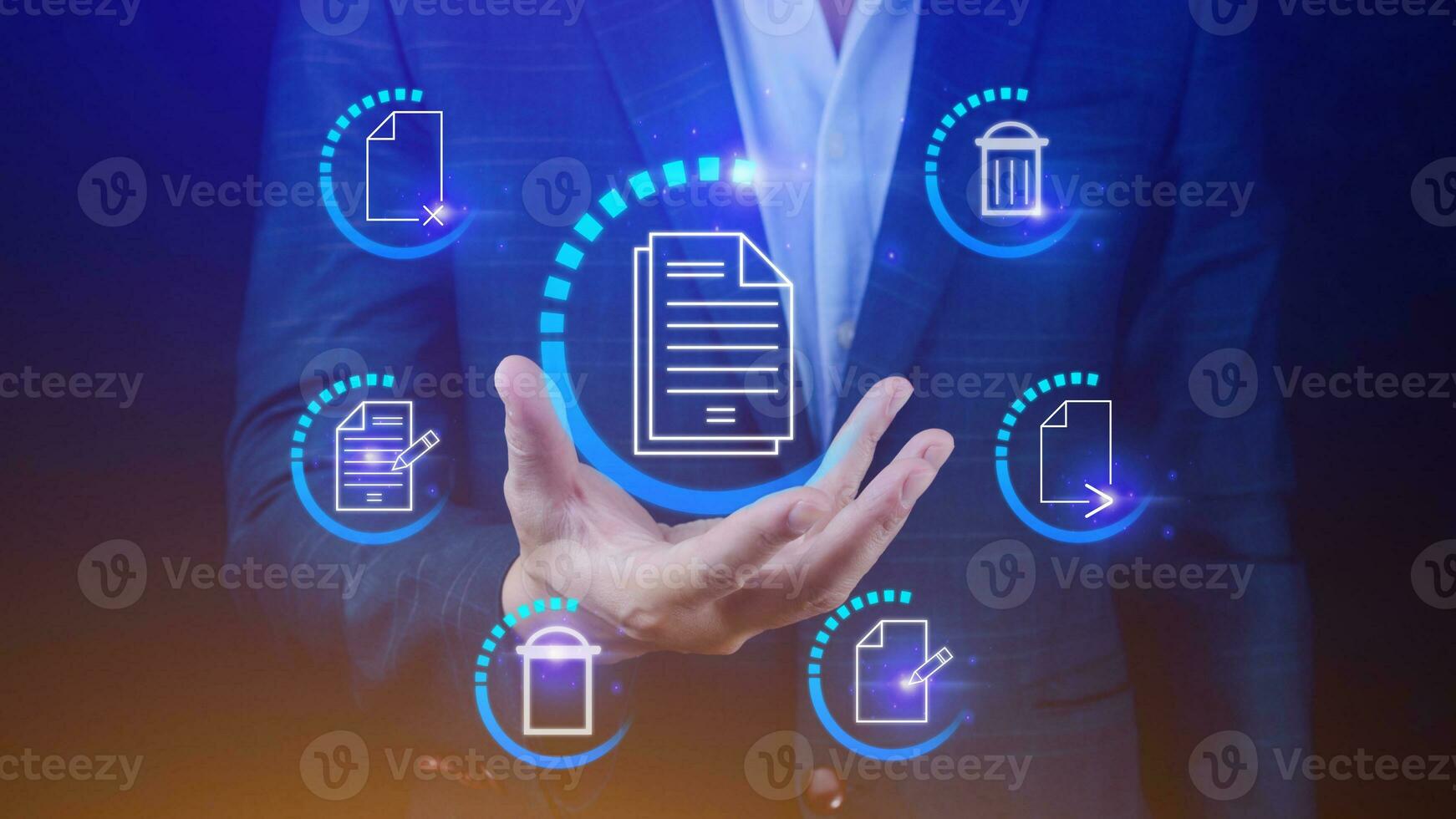 Businessman holding multimedia type of modern buttons with virtual background, Document Management System DMS, searching and managing corporate files information. photo