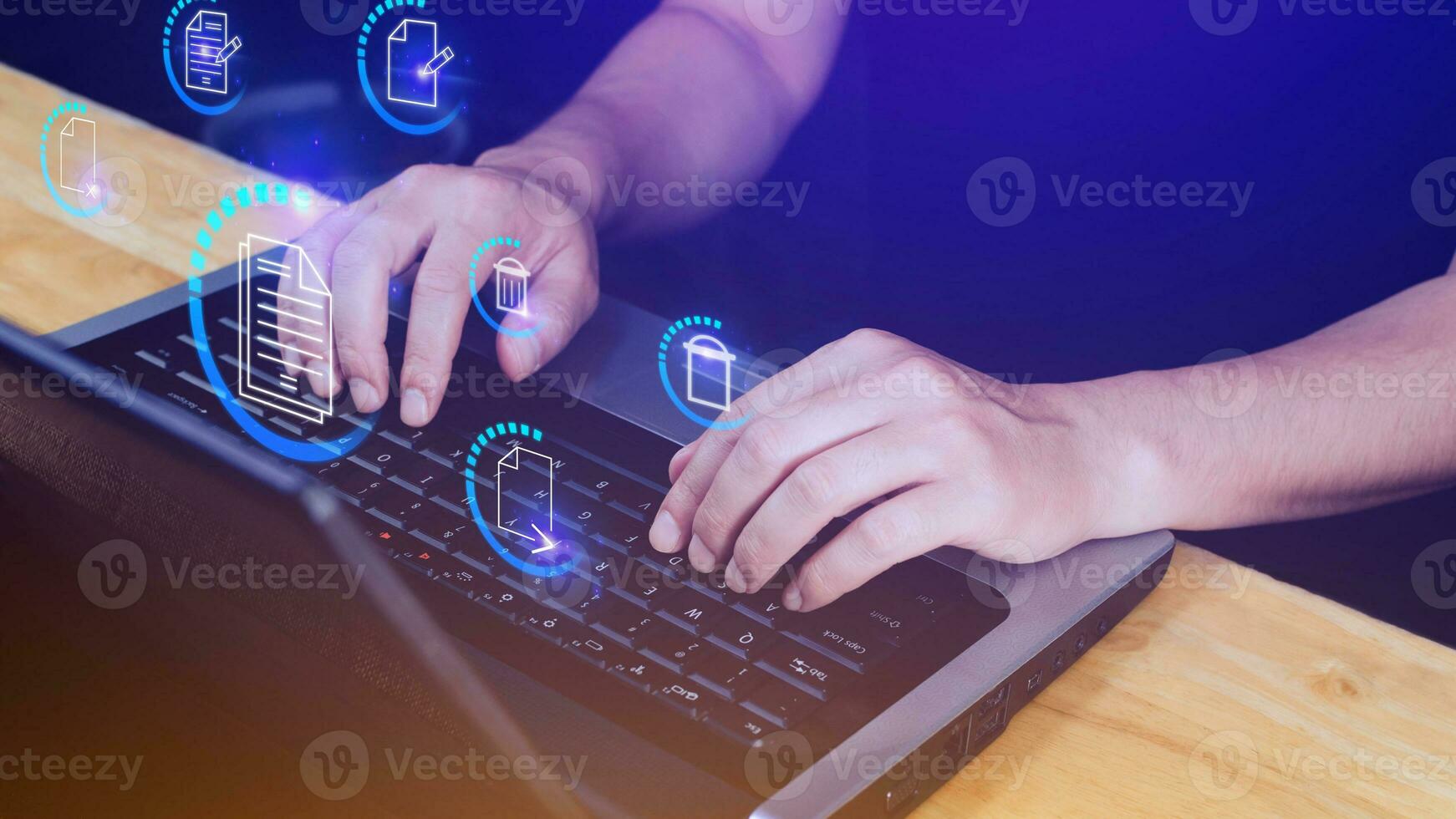 Businessman pressing multimedia type of modern buttons with virtual background, Document Management System DMS, searching and managing corporate files information. photo