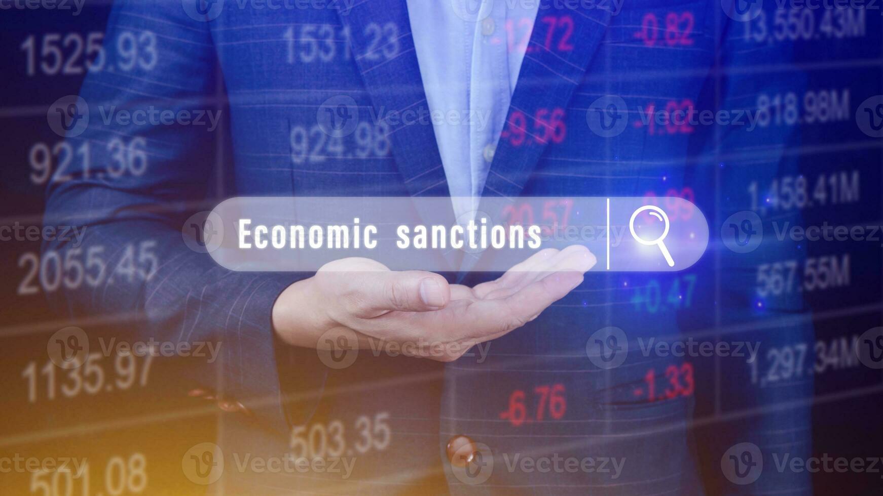 Economic sanctions, written in search bar with the financial data visible in the background. Reports Stock Market Ticker Words photo
