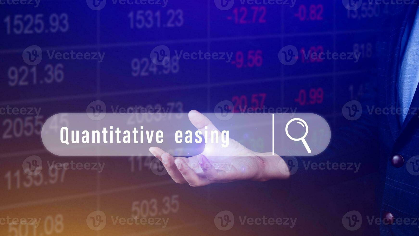 Quantitative easing written in search bar with the financial data visible on background, Quantitative easing concept stock Market online marketing photo