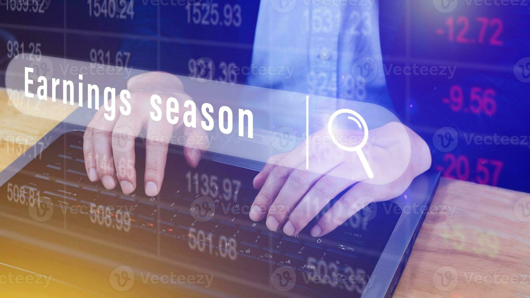 Earnings season Hand touching of written in search bar with the financial data visible in the background,  Reports Stock Market Ticker Words photo