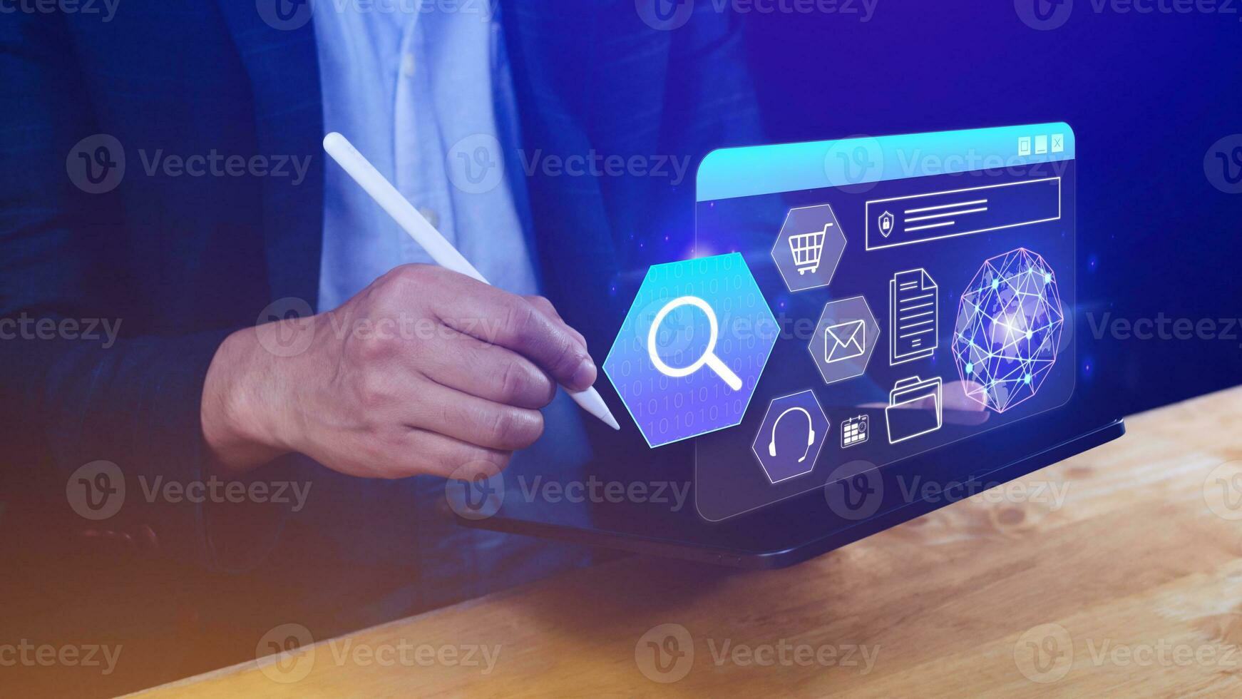 Hand touching of data search box information icon with Digital marketing internet advertising and sales increase business technology concept, online marketing, data analytics and Business online. photo