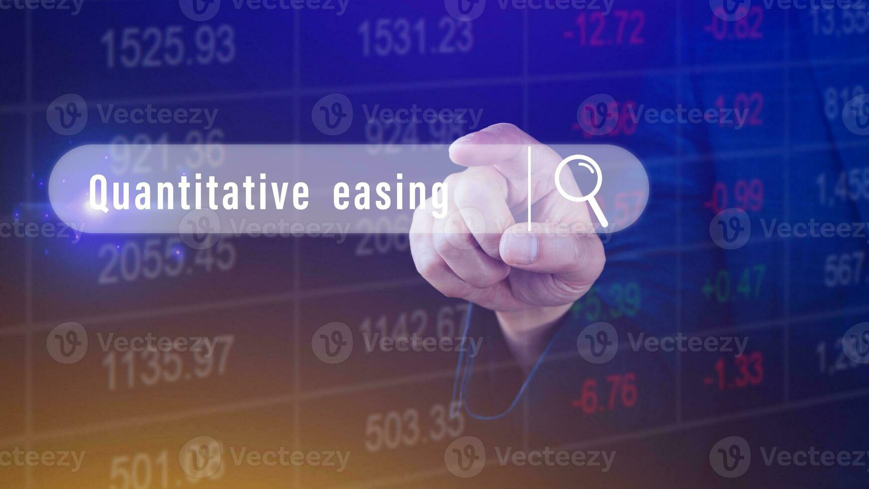 Quantitative easing written in search bar with the financial data visible on background, Quantitative easing concept stock Market online marketing photo