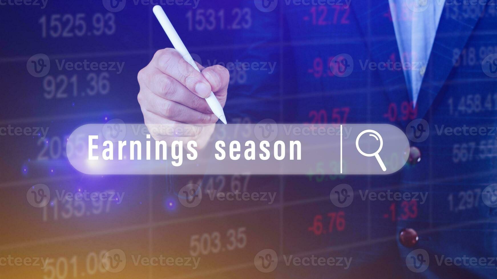 Earnings season Hand touching of written in search bar with the financial data visible in the background,  Reports Stock Market Ticker Words photo