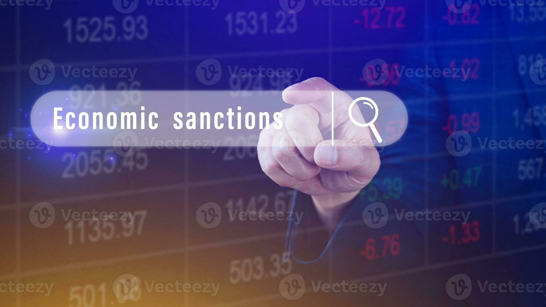 Economic sanctions, written in search bar with the financial data visible in the background. Reports Stock Market Ticker Words photo