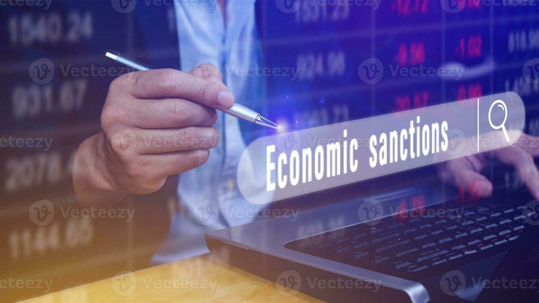 Economic sanctions, written in search bar with the financial data visible in the background. Reports Stock Market Ticker Words photo