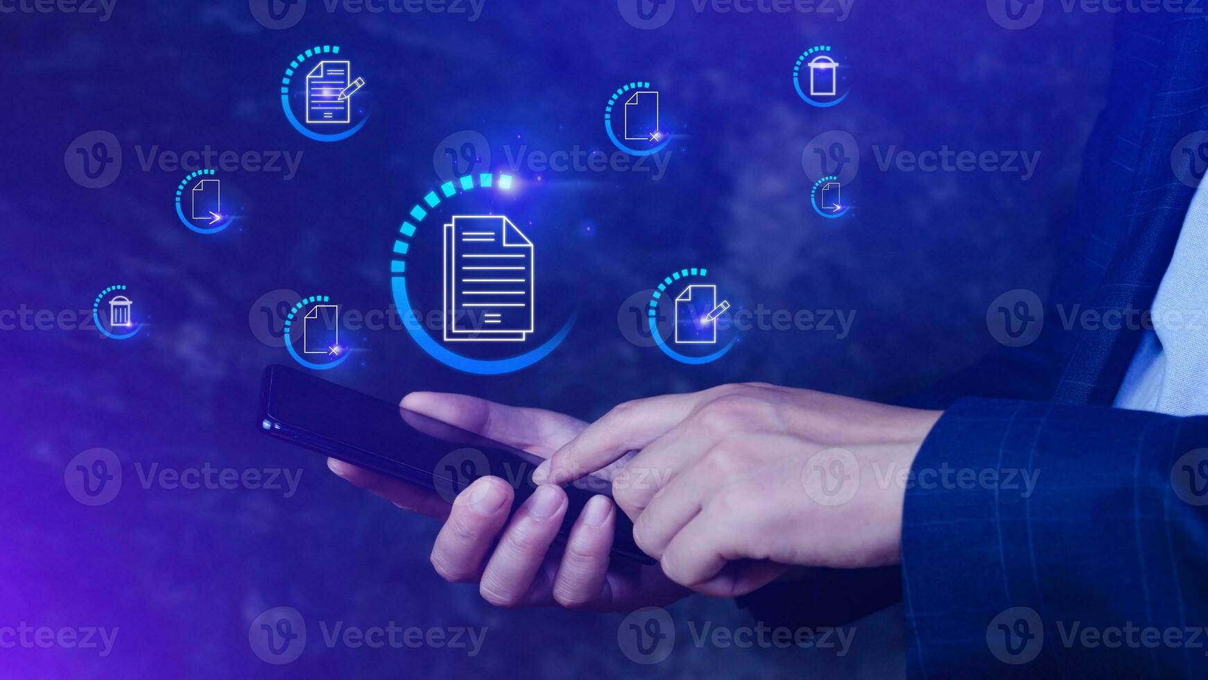 Businessman pressing multimedia type of buttons with virtual background on smartphone, Document Management System DMS, searching and managing corporate files information. photo