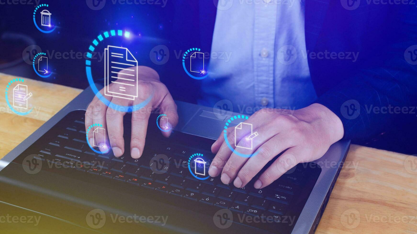 Businessman pressing multimedia type of modern buttons with virtual background, Document Management System DMS, searching and managing corporate files information. photo