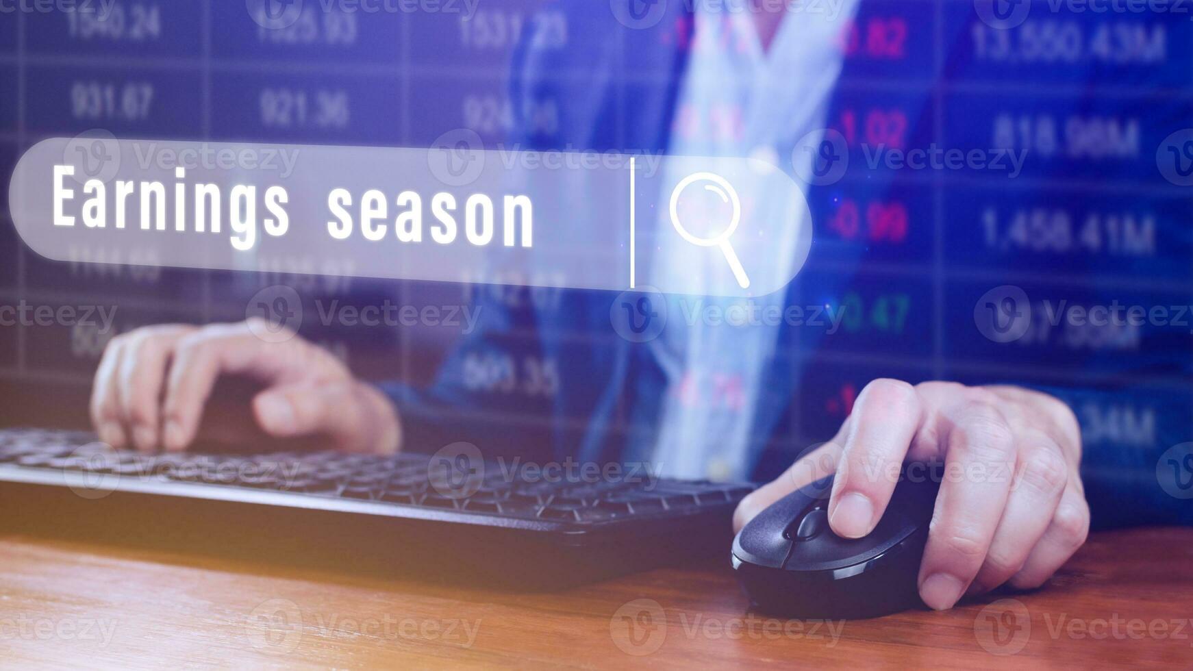 Earnings season Hand touching of written in search bar with the financial data visible in the background,  Reports Stock Market Ticker Words photo