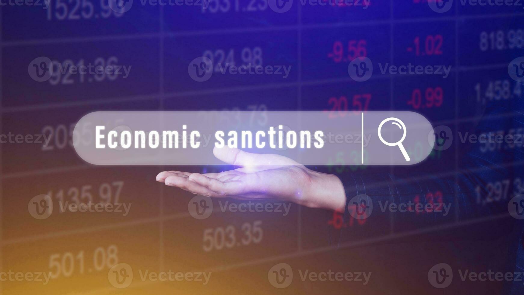 Economic sanctions, written in search bar with the financial data visible in the background. Reports Stock Market Ticker Words photo