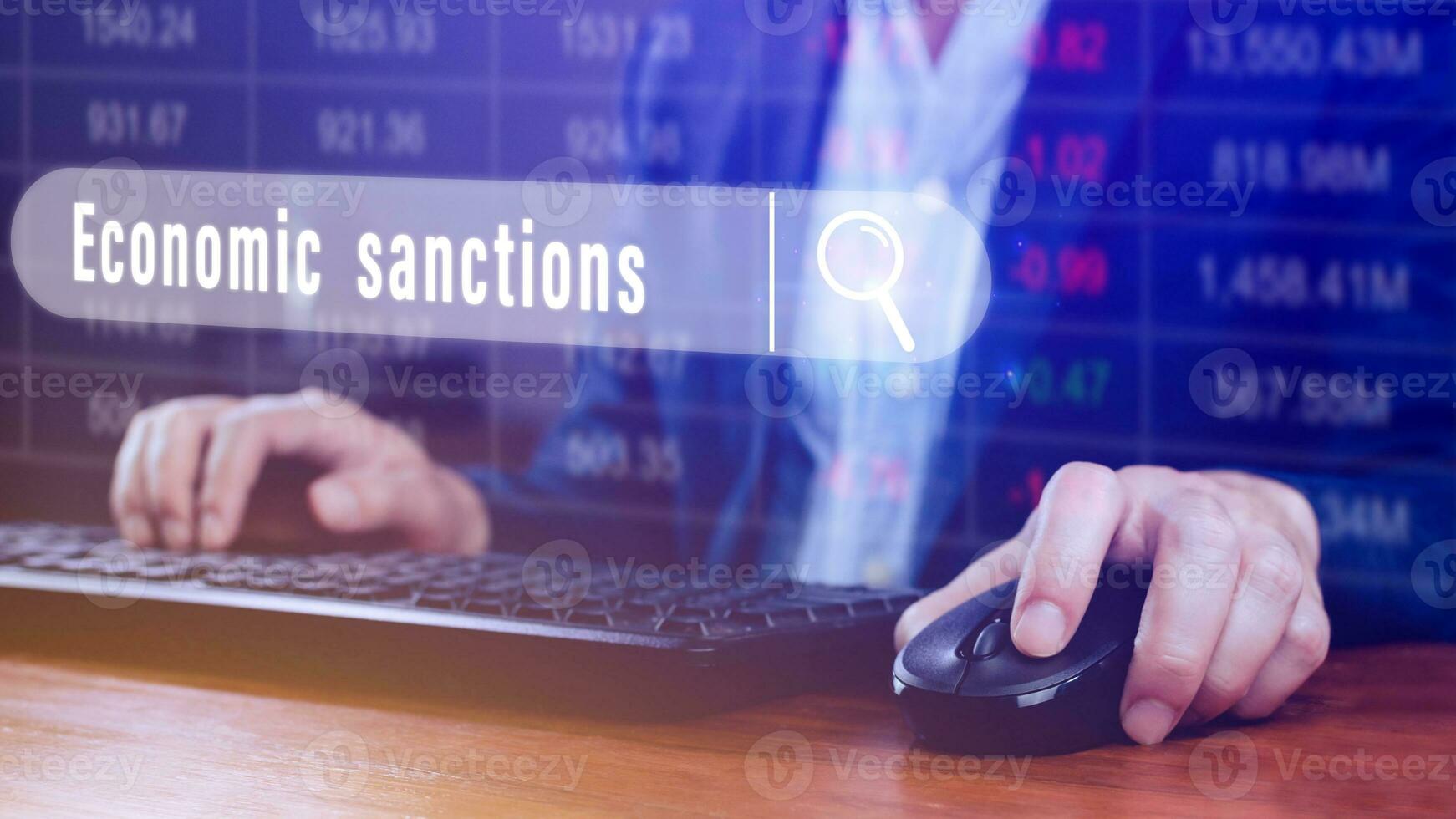 Economic sanctions, written in search bar with the financial data visible in the background. Reports Stock Market Ticker Words photo